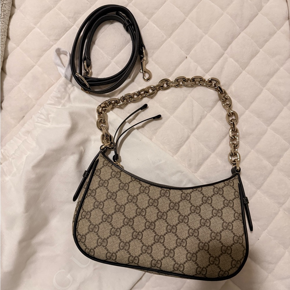 Gucci Beige and Black Shoulder Bag with Gold Chain
